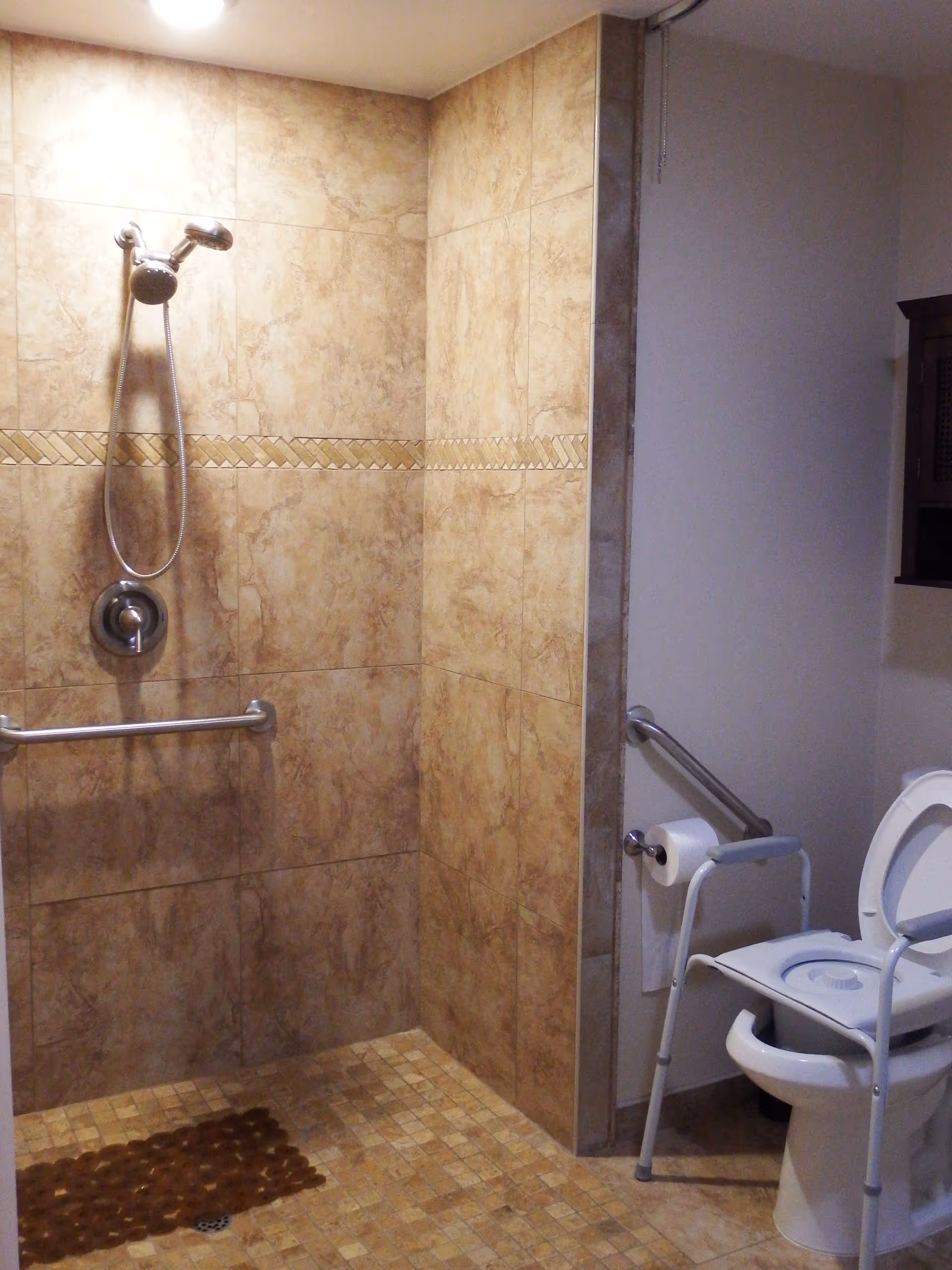 Accessible bathroom featuring a tiled walk-in shower with handheld showerhead and grab bar, and a raised toilet with a support frame and grab bar.