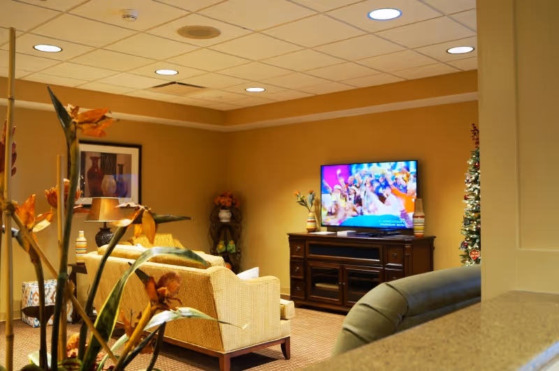 A cozy lounge with sofas facing a flat-screen TV on a wooden console, plants, and warm yellow walls.