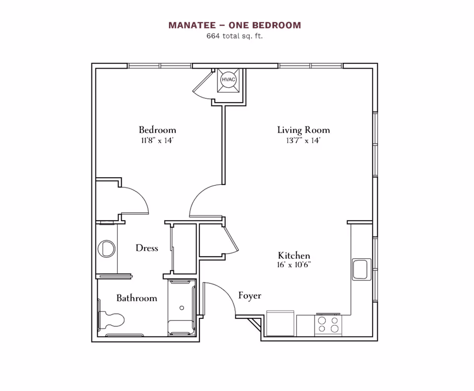 Floor plan titled 'Manatee - One Bedroom' showing a 664 sq. ft. layout with labeled bedroom, living room, kitchen, bathroom, dress area, and foyer.