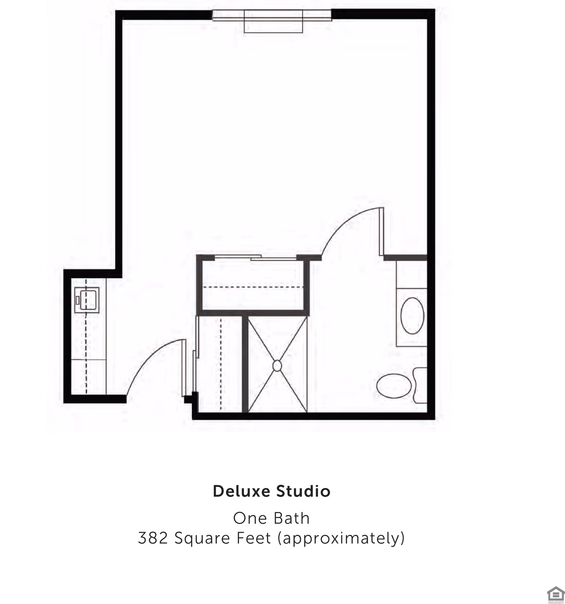 Black-and-white floor plan of a deluxe studio apartment showing a kitchenette, bathroom, closet, and main living area.