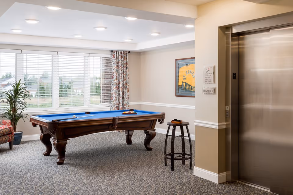 A bright room with a blue felt pool table in the center, a tall plant in a pot near a large window with blinds and floral curtains, a framed sports jersey on the wall, a wooden stool, and a stainless steel elevator door on the right side.