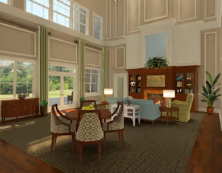 A spacious living room with high ceilings and large windows letting in natural light. The room features a round wooden dining table with six patterned chairs, a seating area with a blue sofa, green armchair, and wooden side tables with lamps. There is a fireplace with a wooden mantel and built-in shelves, and a large plant in the corner. The walls are decorated with molding and light-colored paint.