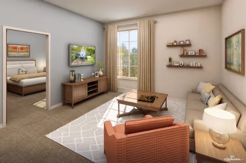 Sunlit living room with a sofa, armchair, coffee table, TV stand, and an open doorway to a bedroom.