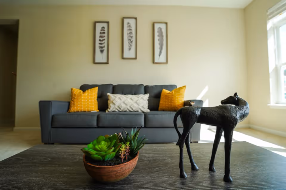A cozy living room featuring a gray sofa with yellow accent pillows, a decorative white pillow, a wooden coffee table with a plant arrangement, and framed feather art on the wall.