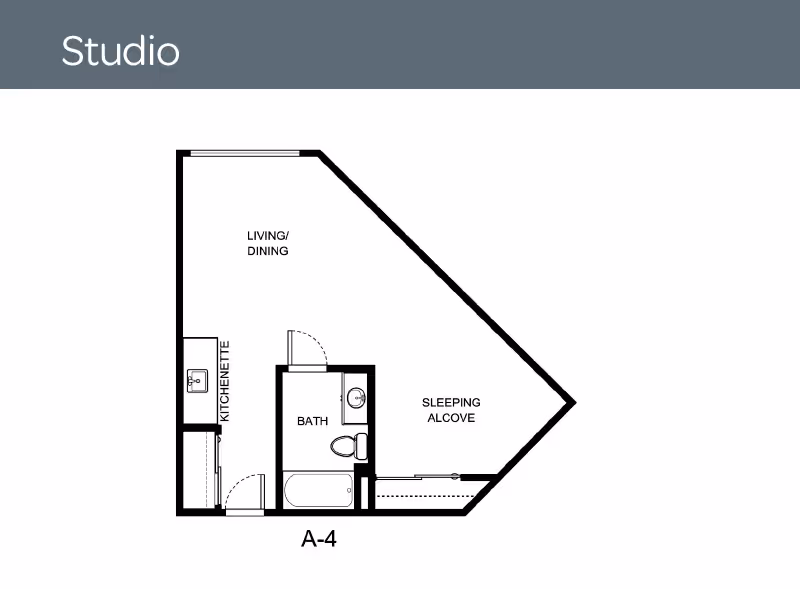 Floor plan of a studio apartment labeled A-4, showing a kitchenette, living/dining area, bath with bathtub and toilet, and a sleeping alcove.