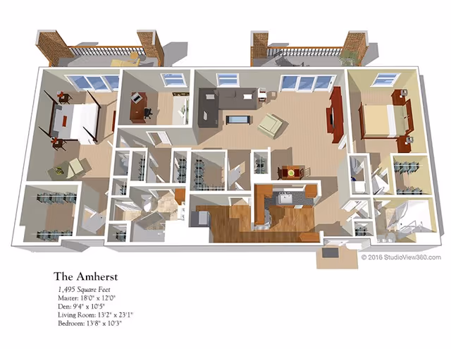3D floor plan of an apartment named The Amherst showing two bedrooms, a den, a living room, kitchen, bathrooms, closets, and two balconies. The layout includes furniture such as beds, chairs, tables, and kitchen appliances.
