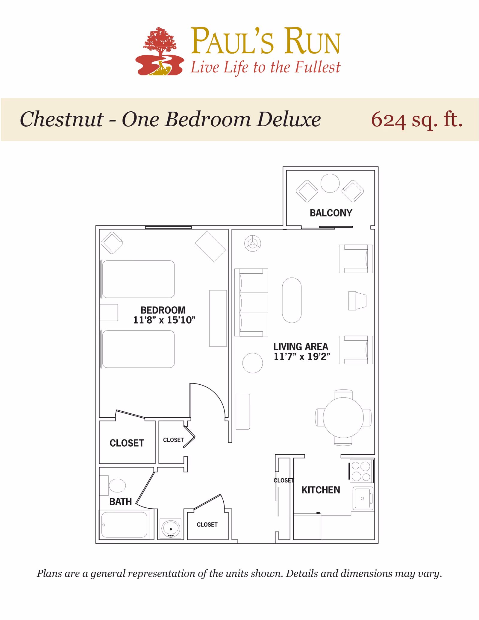 Floor plan of Paul's Run Chestnut one bedroom deluxe apartment with 624 square feet. The layout includes a bedroom measuring 11 feet 8 inches by 15 feet 10 inches, a living area measuring 11 feet 7 inches by 19 feet 2 inches, a kitchen, a bathroom, multiple closets, and a balcony with seating.