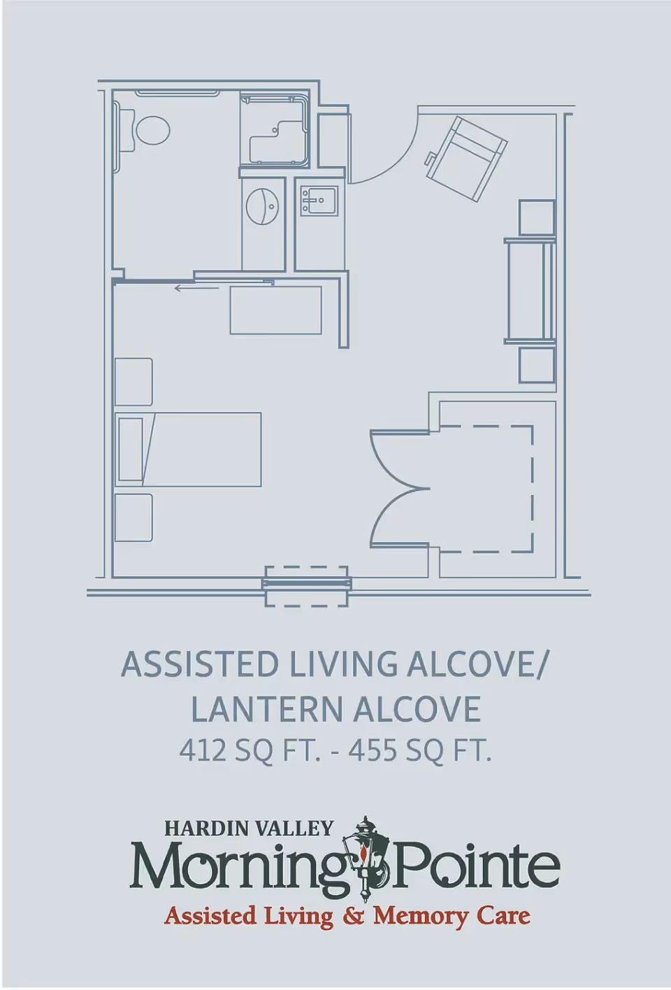 Floor plan layout of an assisted living alcove unit named Lantern Alcove, showing a combined living and sleeping area with a bed, chair, and dresser, a bathroom with a toilet, shower, and sink, and an entry closet. The unit size ranges from 412 to 455 square feet.
