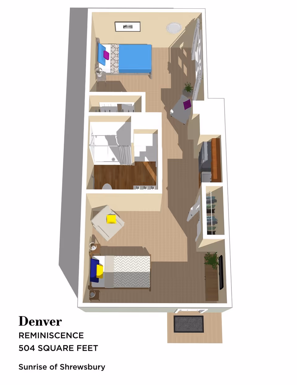 3D floor plan of a 504 square feet senior living apartment named Denver at Sunrise of Shrewsbury, showing two bedrooms, a bathroom with shower, a small kitchen area, and a living space with furniture.