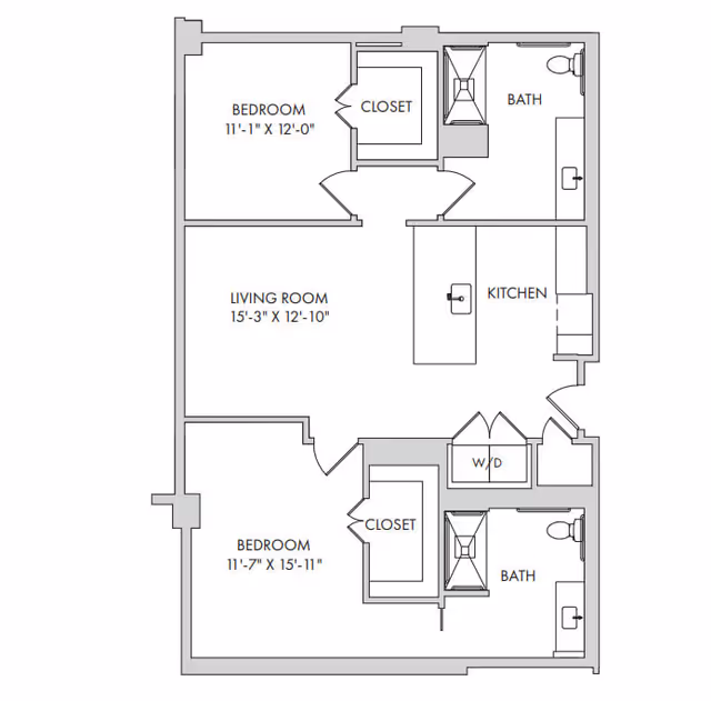 Black-and-white floor plan of a two-bedroom, two-bath apartment showing a living room, kitchen with island, closets, and a washer/dryer.