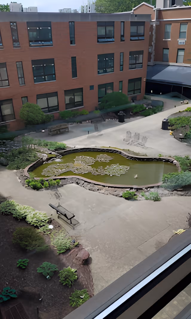 View of an outdoor courtyard area at Eastern Star Masonic Home featuring a small pond with lily pads, surrounding greenery, benches, and a multi-story brick building in the background.