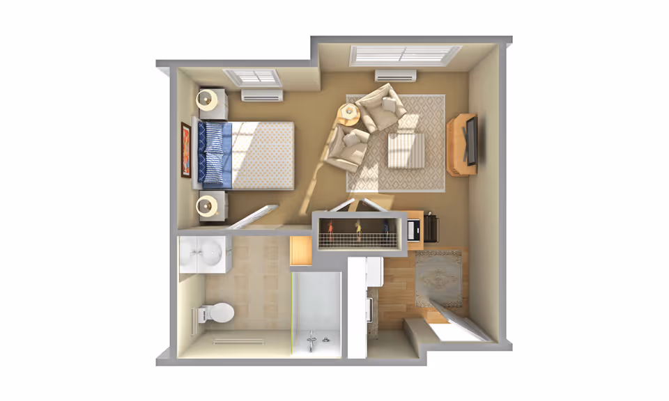 Top-down view of a small apartment floor plan featuring a bedroom with a bed and two nightstands, a living room area with two chairs, a coffee table, and a TV, a bathroom with a toilet, sink, and shower, and a small kitchen area with appliances and cabinetry.