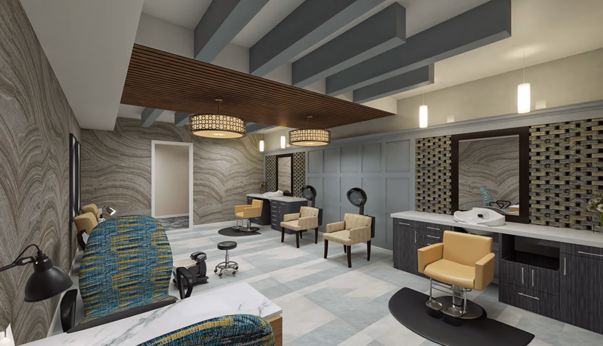 Contemporary hair salon area with styling chairs, wash basins, mirrors, and pendant lighting.