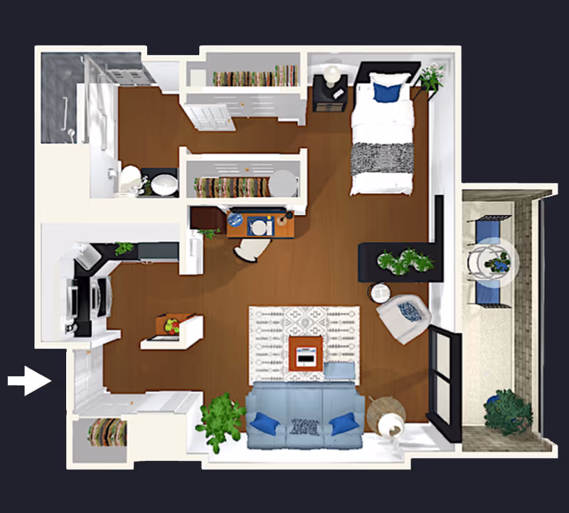 Top-down floor plan of a one-bedroom apartment featuring a living room with a sofa, armchair, coffee table, and plants. Adjacent to the living room is a kitchen with appliances and counter space. The bedroom has a bed, nightstand, and dresser. There is a bathroom with a shower, toilet, and sink. A small balcony with seating and a table is accessible from the living room.