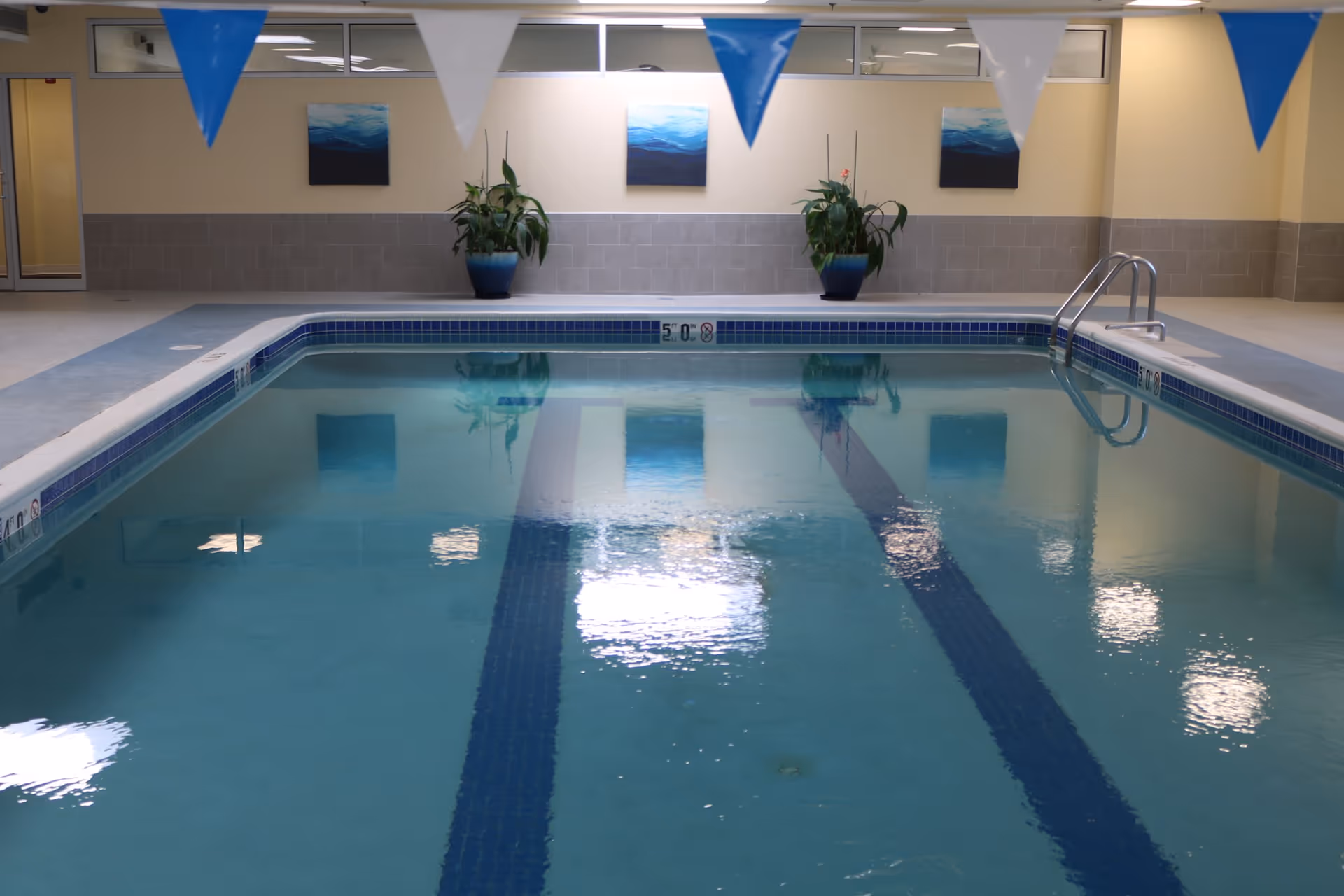Indoor swimming pool with clear water, blue lane markings, metal handrails on the right side, and blue and white triangular flags hanging above. The pool area has beige walls with two potted plants and two blue-themed paintings on the far wall.