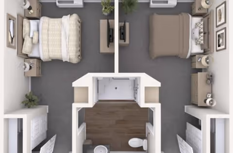 Top-down view of a memory care community floor plan showing two bedrooms separated by a shared bathroom. Each bedroom has a bed, nightstand, dresser, and TV. The bathroom includes a toilet and shower, with wood flooring in the bathroom area and carpet in the bedrooms.
