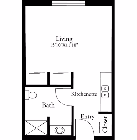 Architectural floor plan showing a living area measuring 15 feet 10 inches by 11 feet 10 inches, a bath with toilet and shower, a kitchenette, an entryway, and a closet.