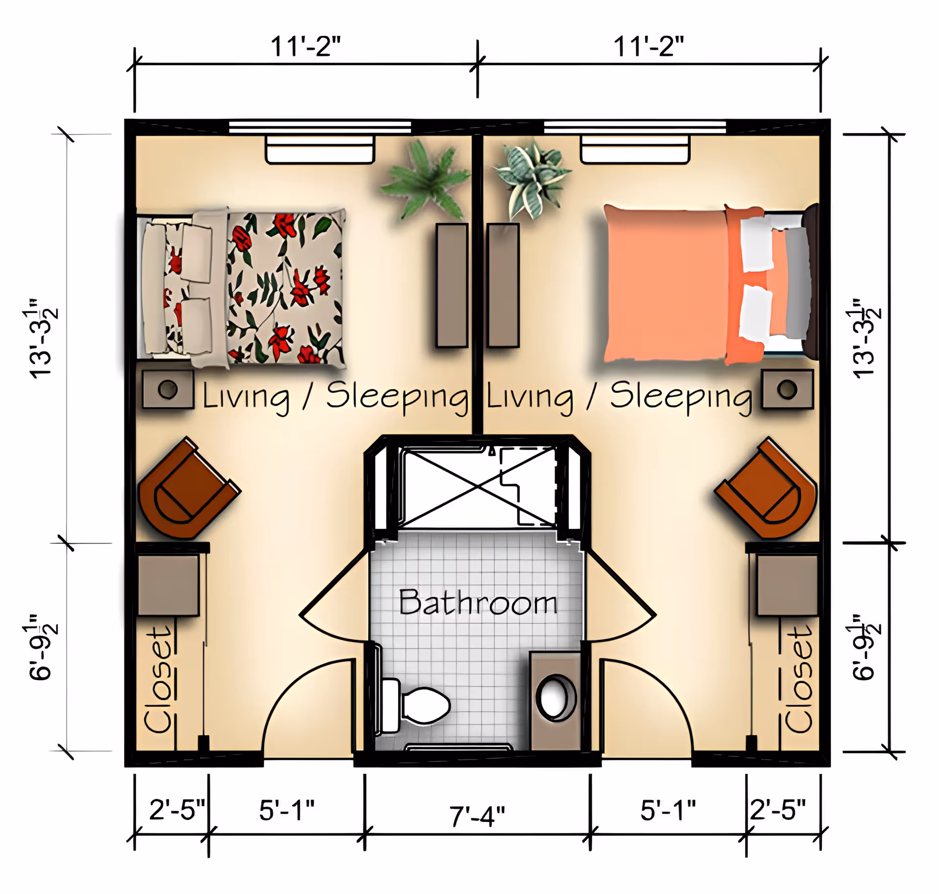 Top-down colored floor plan of a two-room living/sleeping suite with a central shared bathroom, closets, furnishings, and dimension markings.