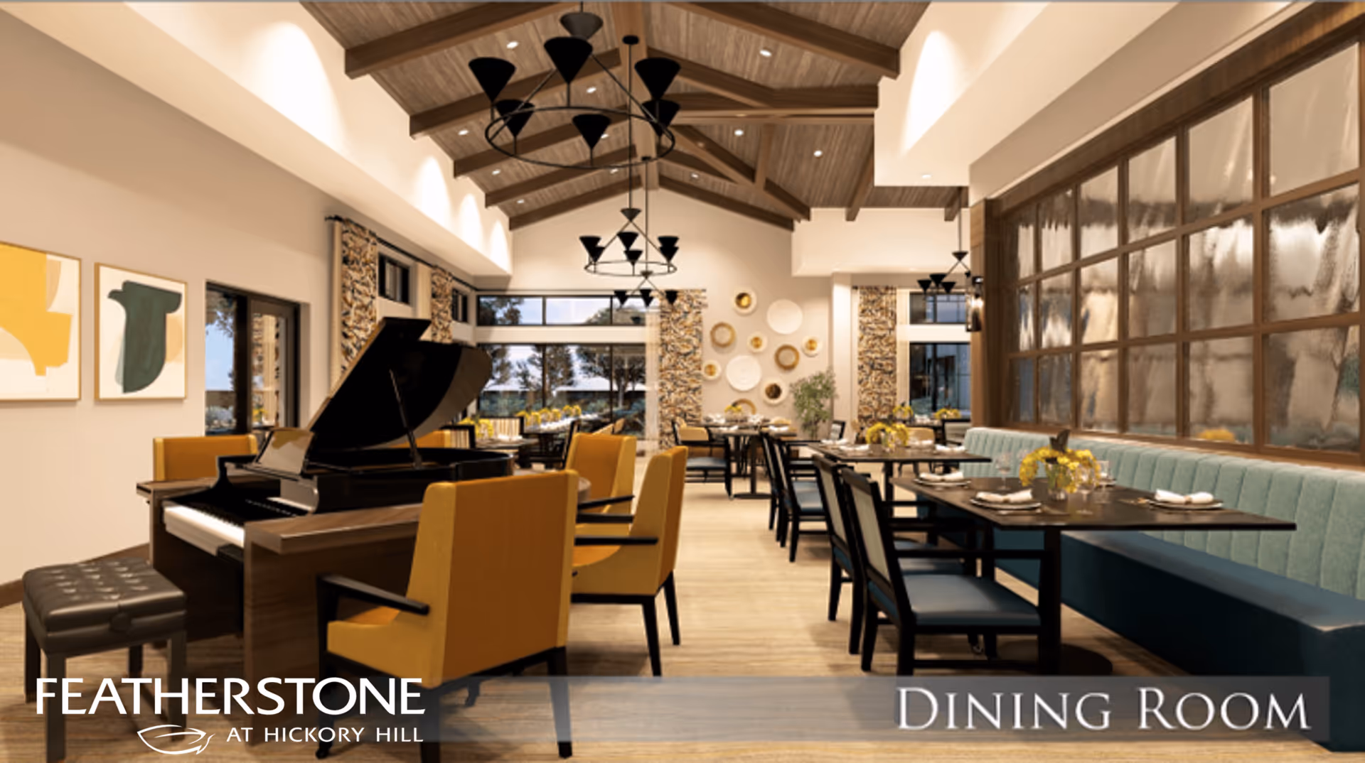 A spacious dining room with a high wooden beam ceiling and modern black chandeliers. The room features a black grand piano with a padded bench, mustard yellow armchairs, and tables set with plates, glasses, and yellow floral centerpieces. Large windows and decorative wall art add to the bright and inviting atmosphere.