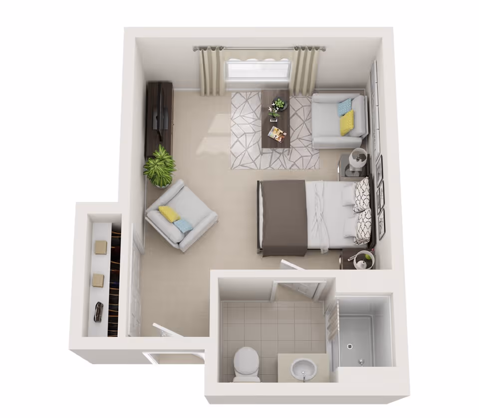 3D floor plan of a studio apartment featuring a combined living and sleeping area with a bed, armchair, loveseat, coffee table, TV on a stand, and a plant. There is a window with curtains on one wall. The apartment also includes a small bathroom with a toilet, sink, and shower, and a closet near the entrance.