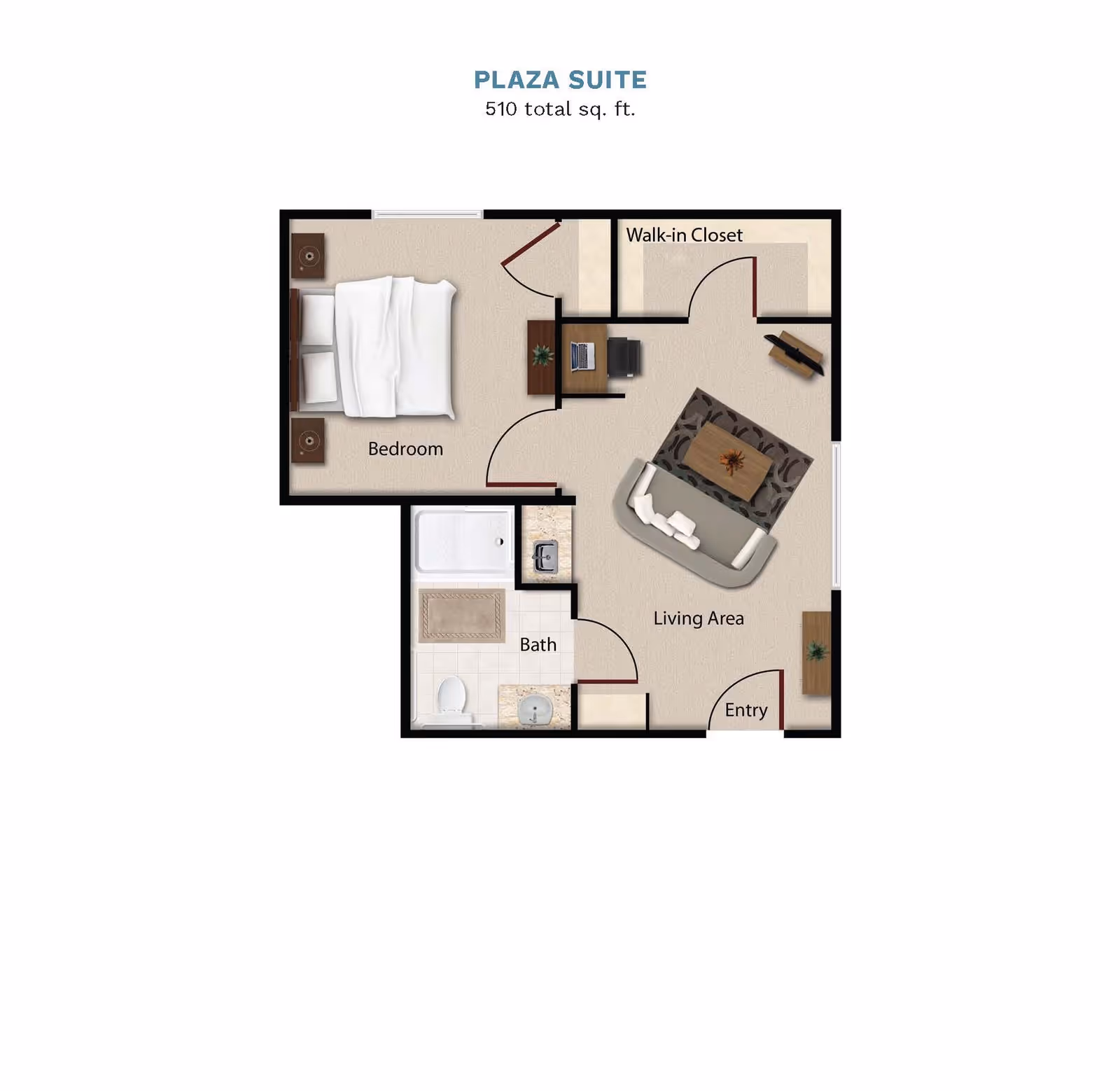 Floor plan diagram of a one-bedroom, one-bath Plaza Suite showing a bedroom, living area, walk-in closet, bathroom, and entry.
