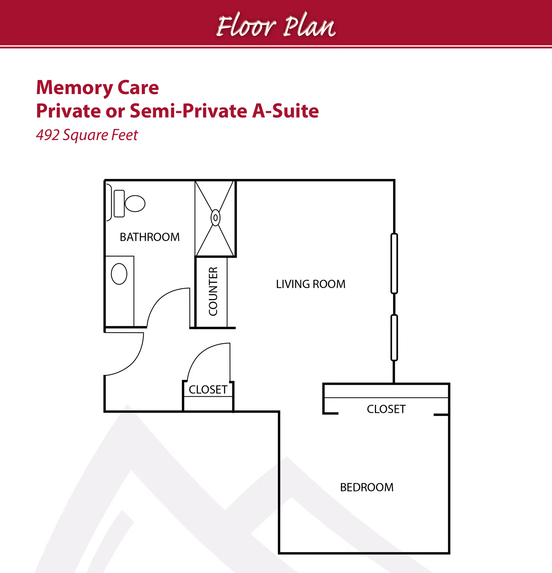 Floor plan layout for Memory Care Private or Semi-Private A-Suite with 492 square feet, showing room dimensions and arrangement.
