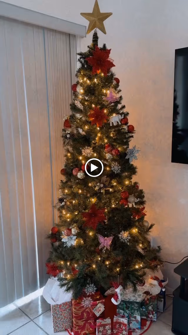 Decorated Christmas tree with lights, ornaments and wrapped presents beneath, standing beside vertical blinds and a TV in a living room.
