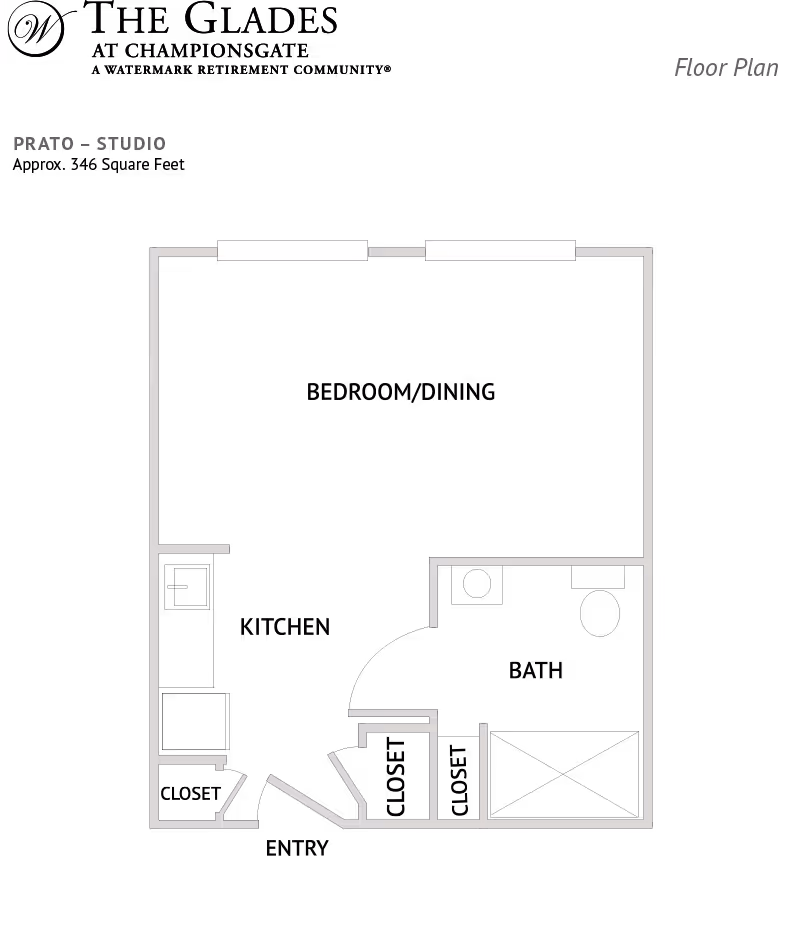 White-line studio floor plan labeled 'PRATO - STUDIO' on a black background with 'Floor Plan' text in the top-right corner.