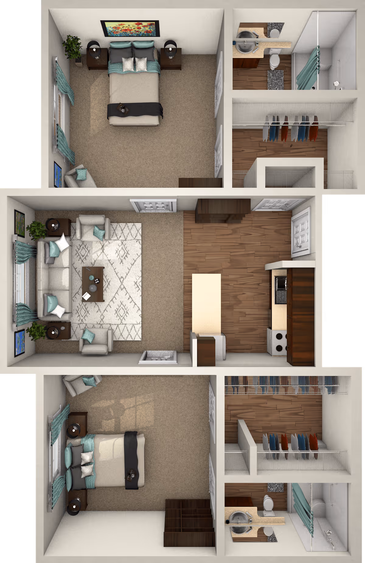 3D floor plan of a senior living apartment featuring two bedrooms, two bathrooms, a living room, and a kitchen. Each bedroom has a bed, nightstands, and windows with curtains. The living room includes a sofa, armchairs, coffee table, and side tables. The kitchen has wooden flooring, cabinets, and appliances. Both bathrooms have sinks, toilets, and showers. There are closets adjacent to the bedrooms and bathrooms.