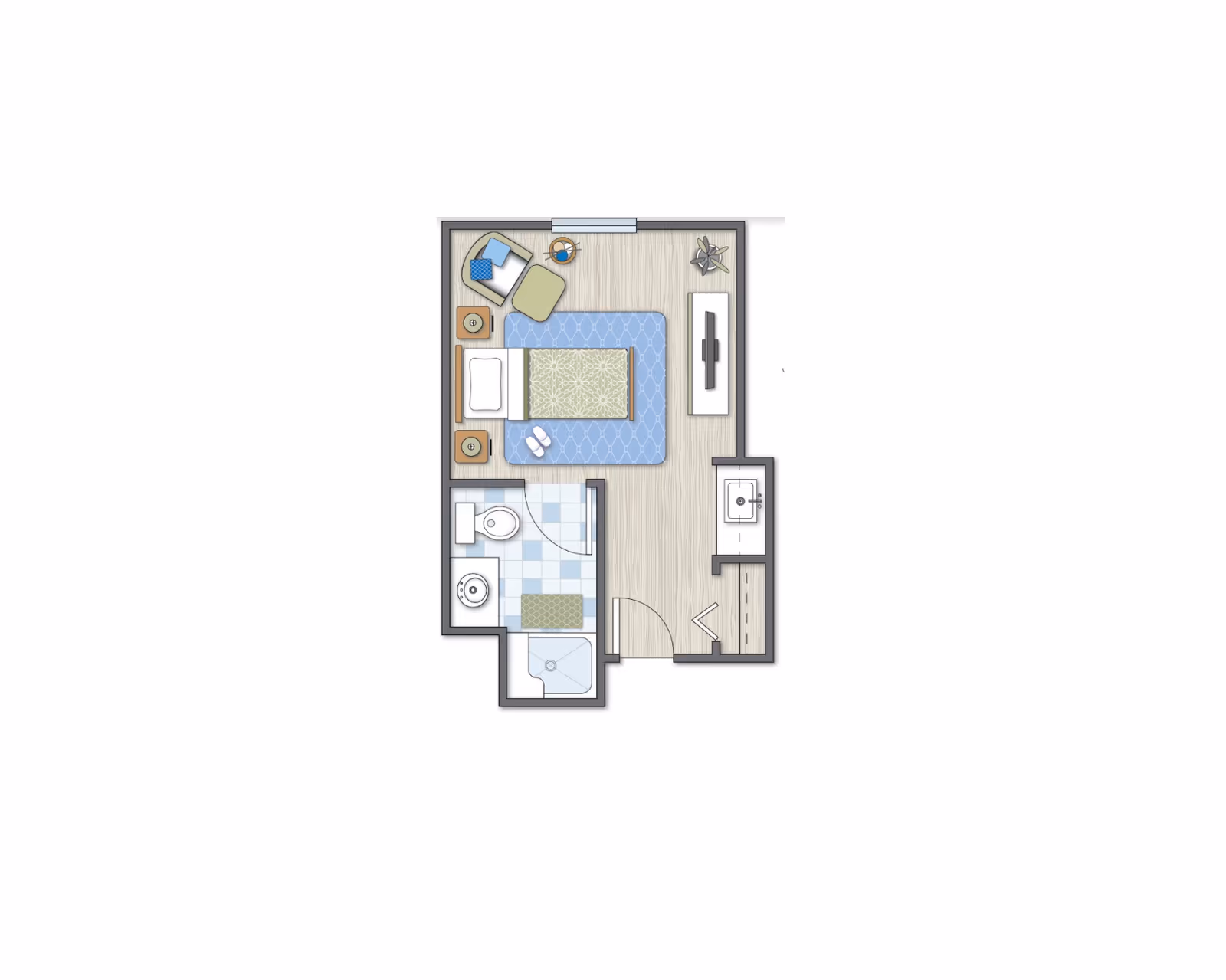 Top-down color floor plan of a studio apartment showing a bed, seating area, small kitchenette/entry, and bathroom.