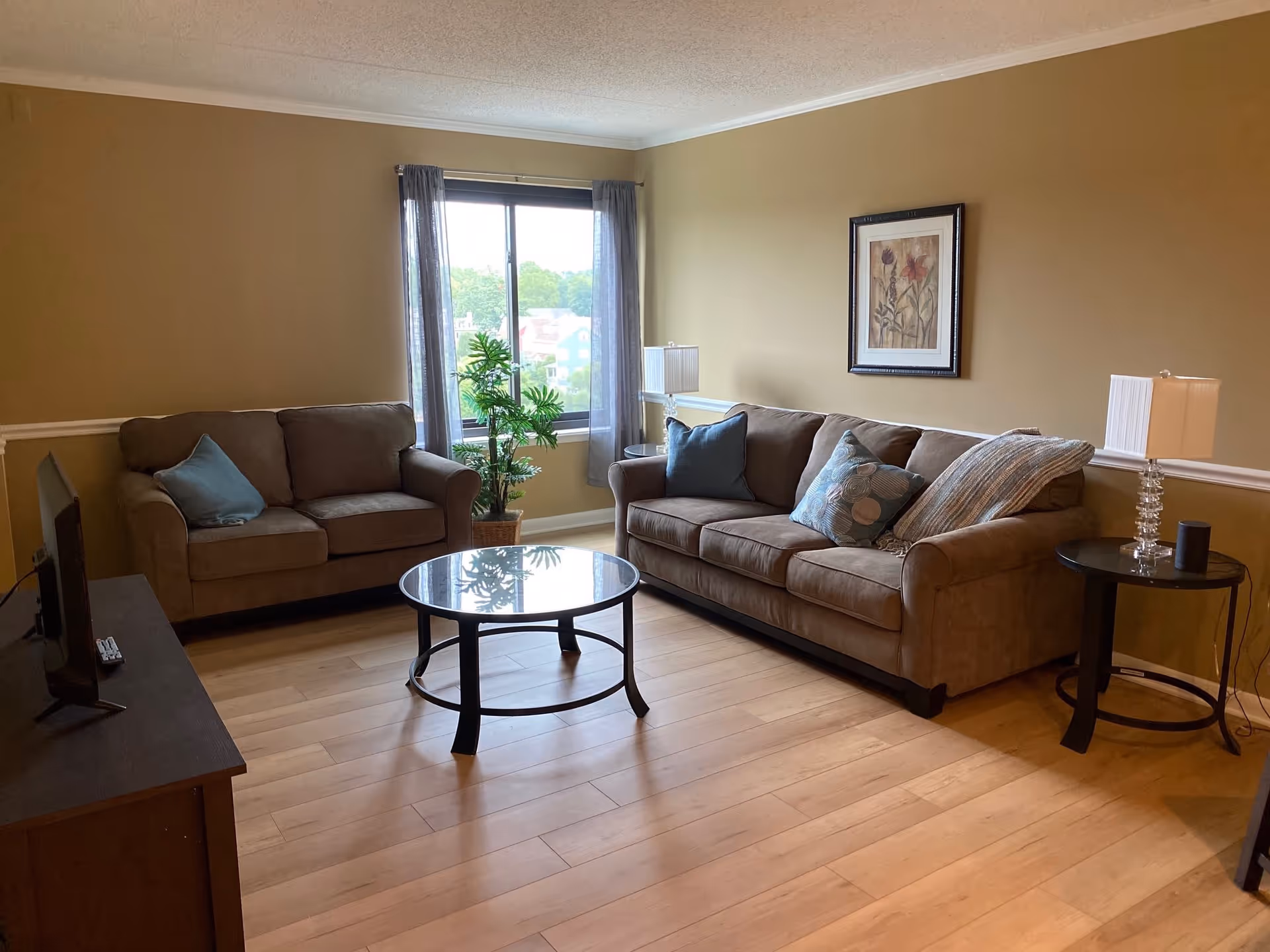 A cozy living room with two brown sofas, a round glass coffee table, a TV on a wooden stand, a potted plant near a window with sheer curtains, two side tables each with a lamp, and a framed floral artwork on the wall.