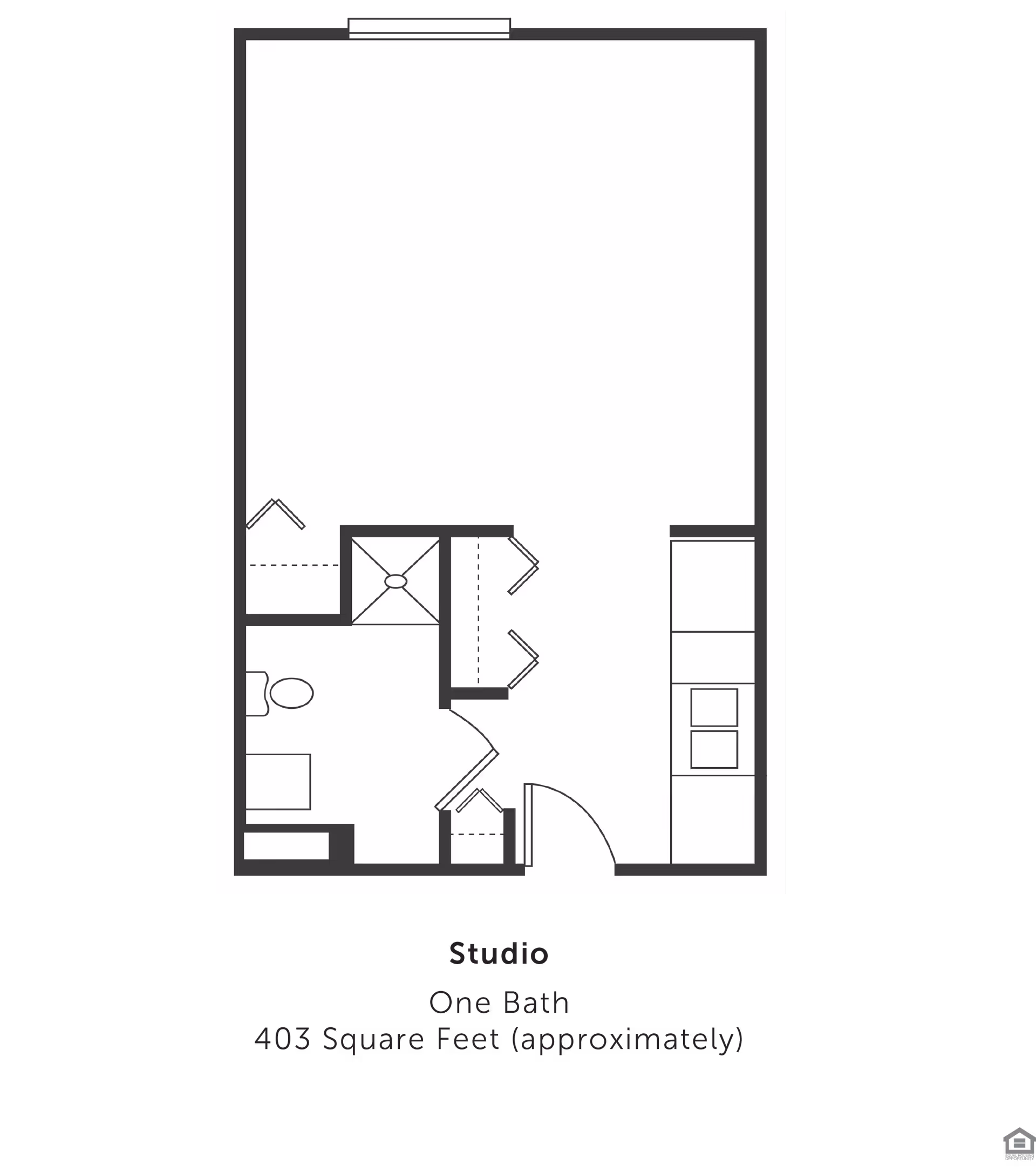Architectural floor plan of a studio apartment with one bathroom, approximately 403 square feet. The layout includes a bathroom with a toilet and shower, a closet, and an open living area with a kitchenette.