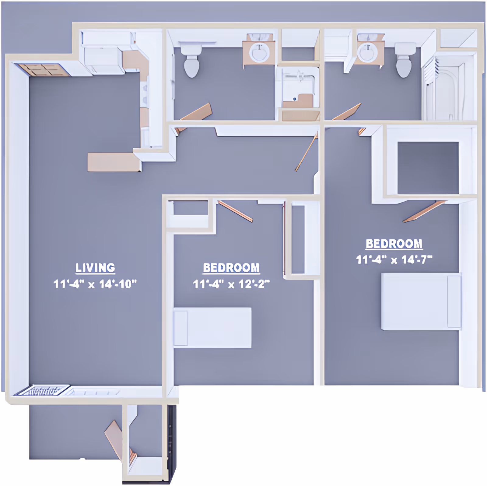 3D floor plan of an apartment at Danbury Broadview Heights showing a living room, two bedrooms, two bathrooms, and a kitchen area with labeled room dimensions.