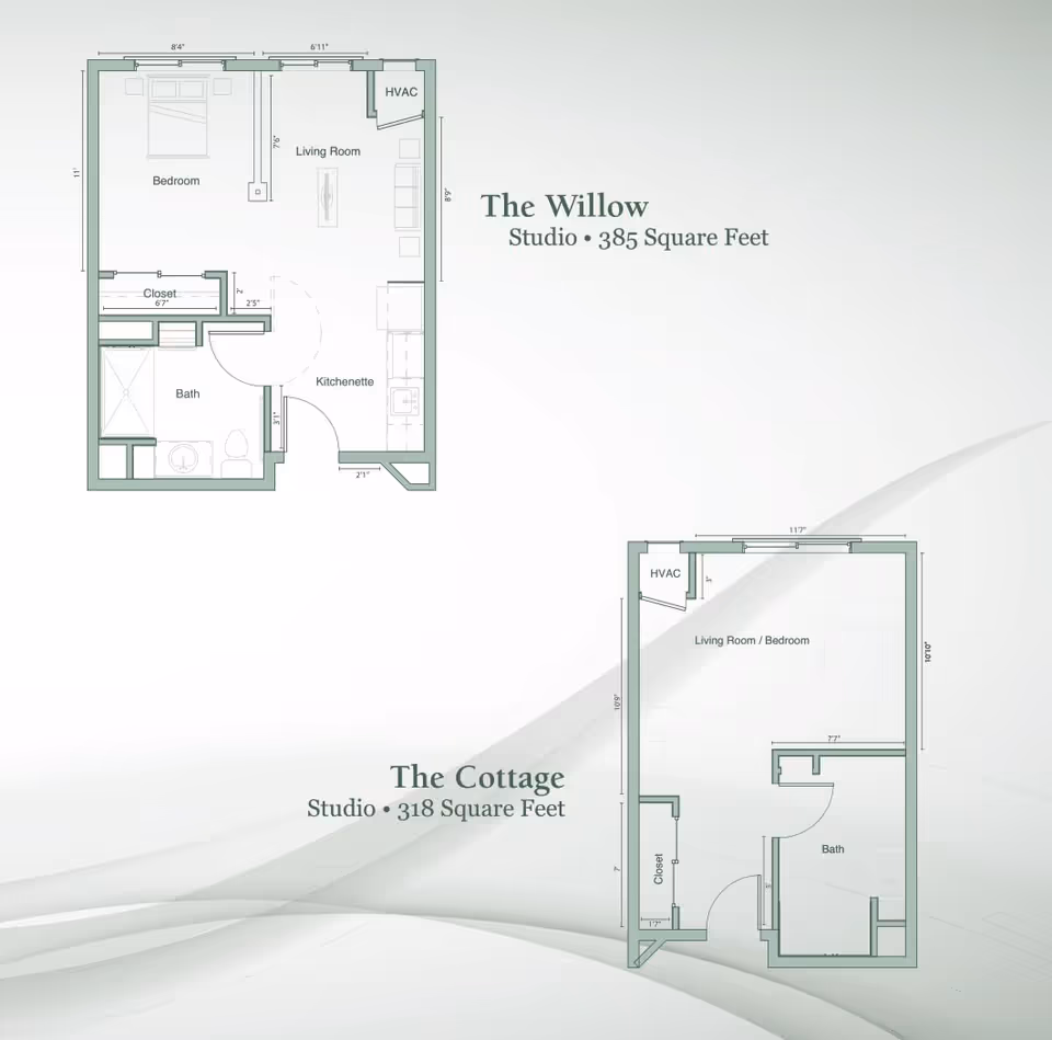 Architectural floor plans for two studio apartments named The Willow and The Cottage at Legacy Village of Salt River. The Willow is 385 square feet with a bedroom, living room, kitchenette, bath, closet, and HVAC. The Cottage is 318 square feet with a combined living room and bedroom, bath, closet, and HVAC.