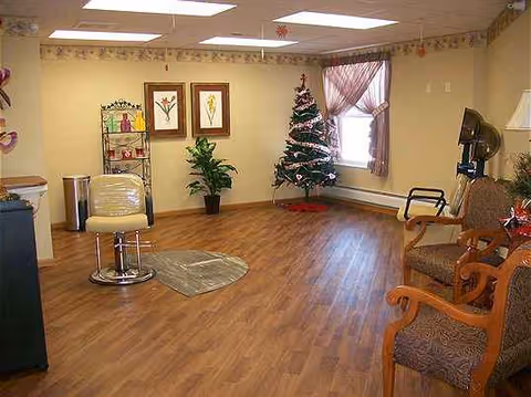 Senior living common room with a Christmas tree, chairs, plants, and a window.