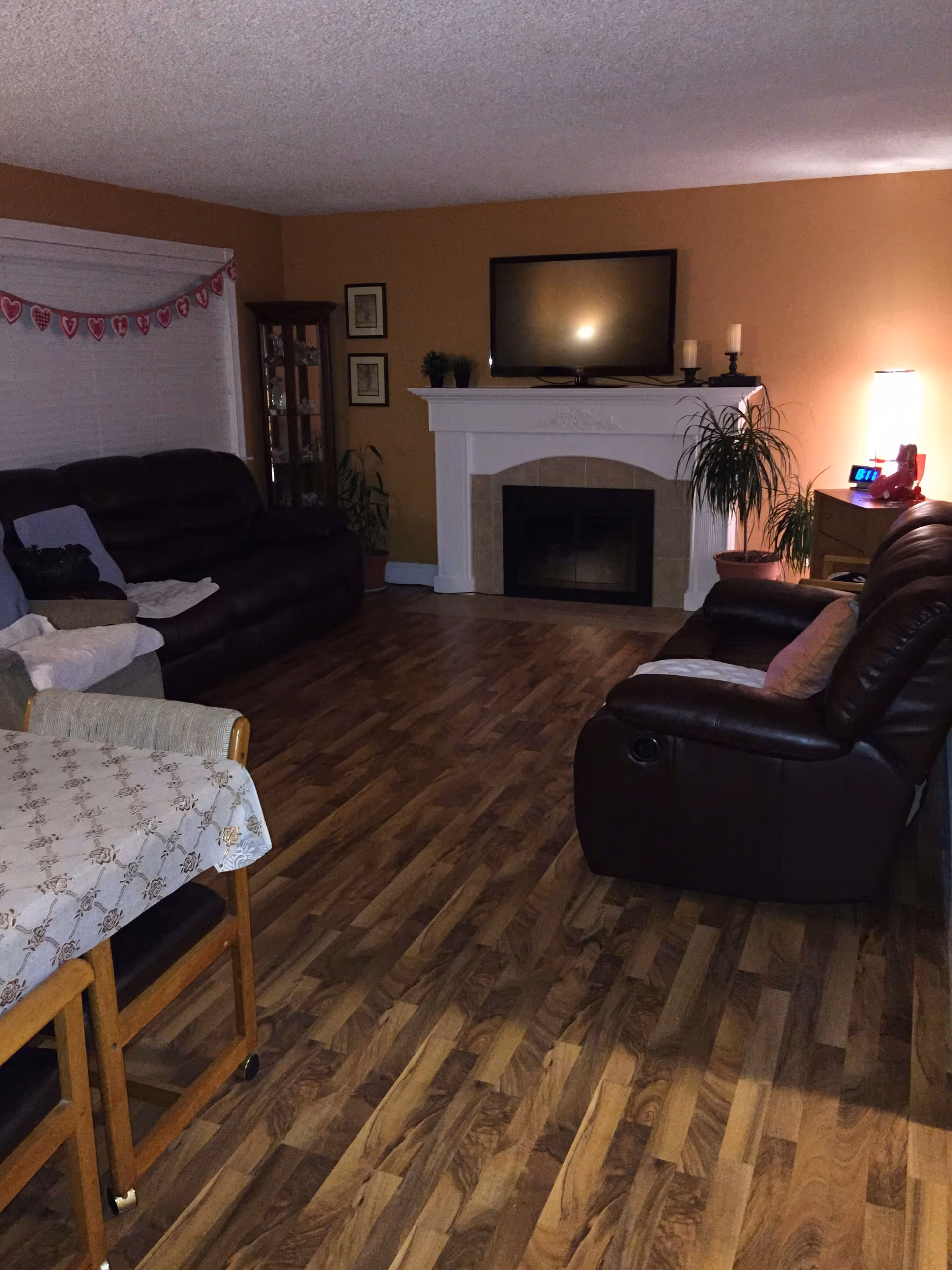 A cozy living room with wooden flooring, two dark brown leather sofas, a white fireplace with a flat-screen TV mounted above it, a small cabinet with glass doors, potted plants, a table with a floral tablecloth, and a lamp on a side table emitting warm light.