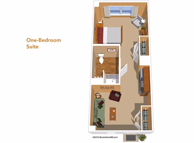 3D floor plan of a one-bedroom suite showing a bedroom with a bed and armchair, a bathroom with a toilet and shower, a living room with a sofa, armchair, coffee table, and TV, and closets near the entrance.