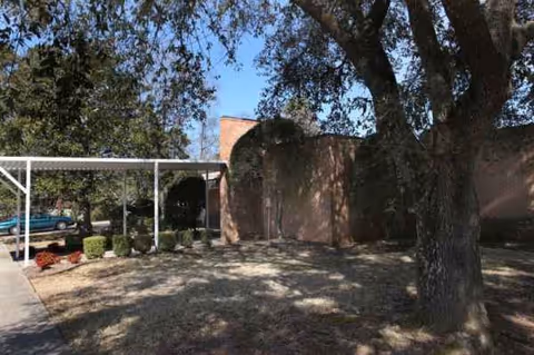 Exterior view of Meadowview Health & Rehab Center entrance with trees, shrubs, and a carport.