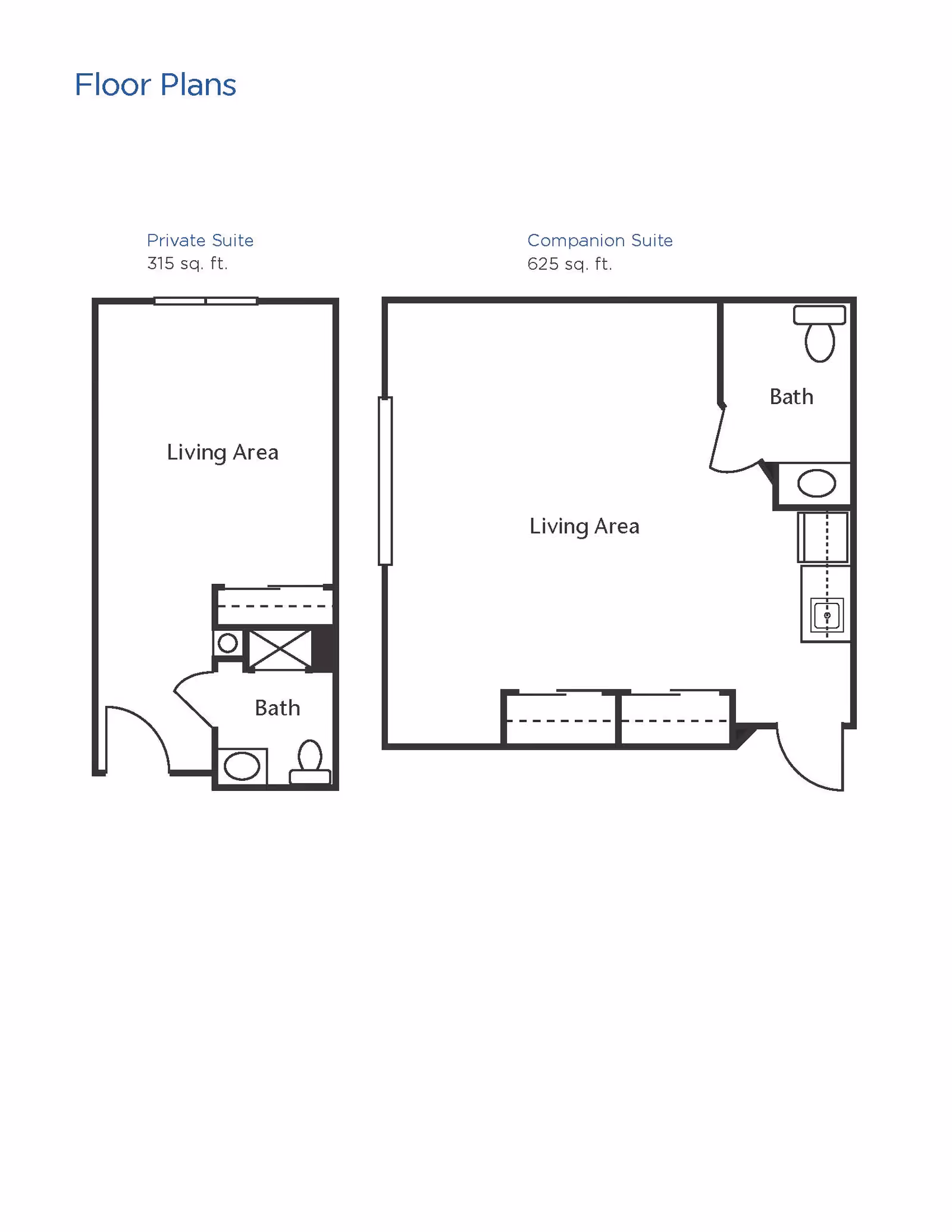 Floor plans for two types of suites at Brookdale Saginaw: a Private Suite of 315 sq. ft. with a living area and bath, and a Companion Suite of 625 sq. ft. with a larger living area, bath, and kitchenette.