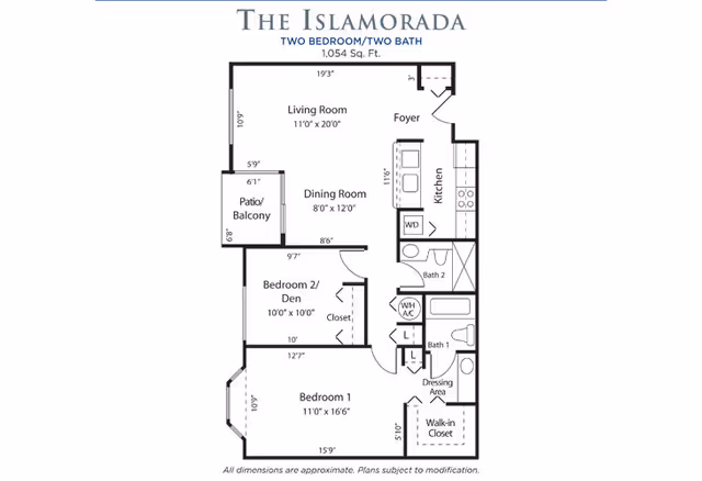 Floor plan of The Islamorada, a two bedroom, two bath apartment with 1,054 square feet. The layout includes a living room, dining room, kitchen, foyer, patio/balcony, bedroom 1 with a walk-in closet and dressing area, bedroom 2 or den, two bathrooms, and laundry area with washer and dryer.