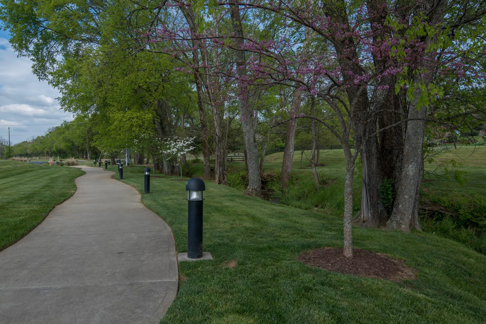 A winding concrete pathway bordered by green grass and trees, some with purple and white blossoms, under a partly cloudy sky. Black cylindrical outdoor lights line the path.
