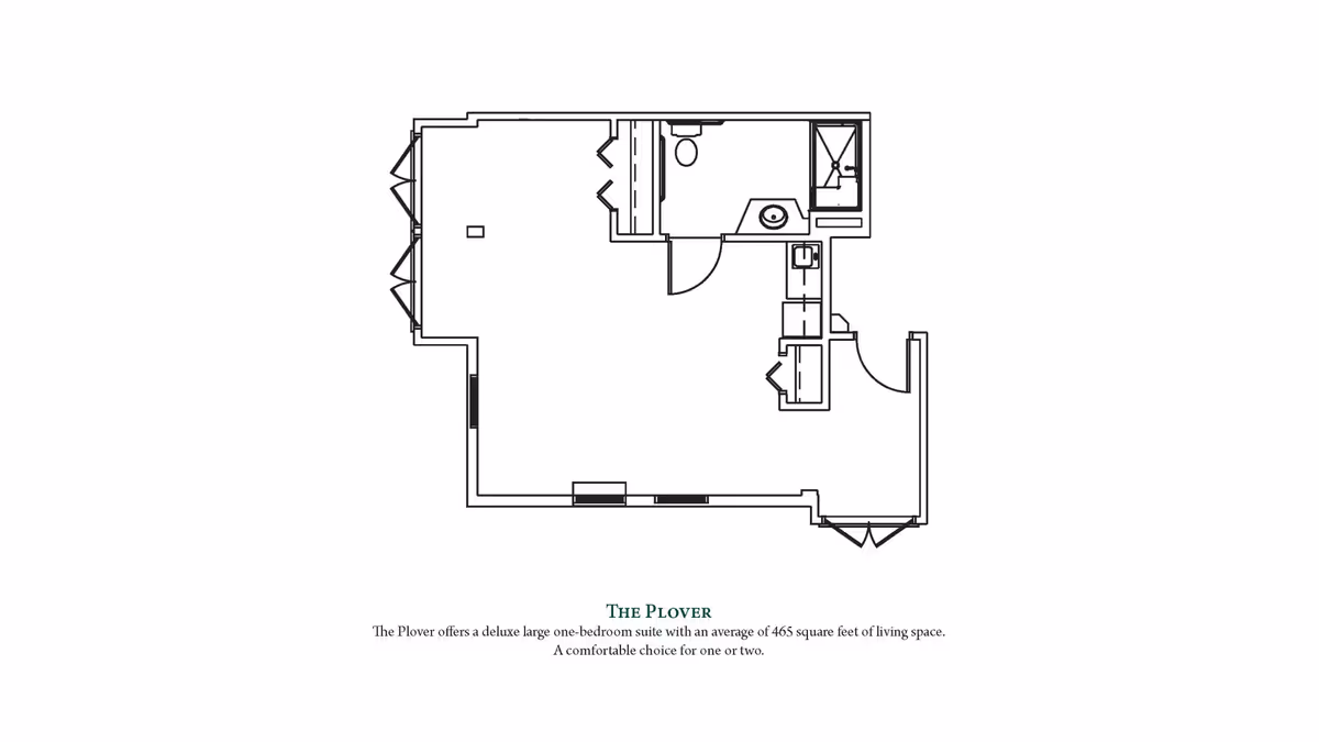 Architectural floor plan of The Plover, a deluxe large one-bedroom suite with an average of 465 square feet of living space, including a bathroom, kitchen area, and living space.