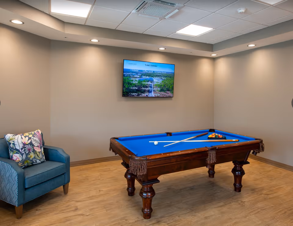 A bright interior recreation room with a blue-felt pool table, wall-mounted TV, and an upholstered armchair with a floral pillow.