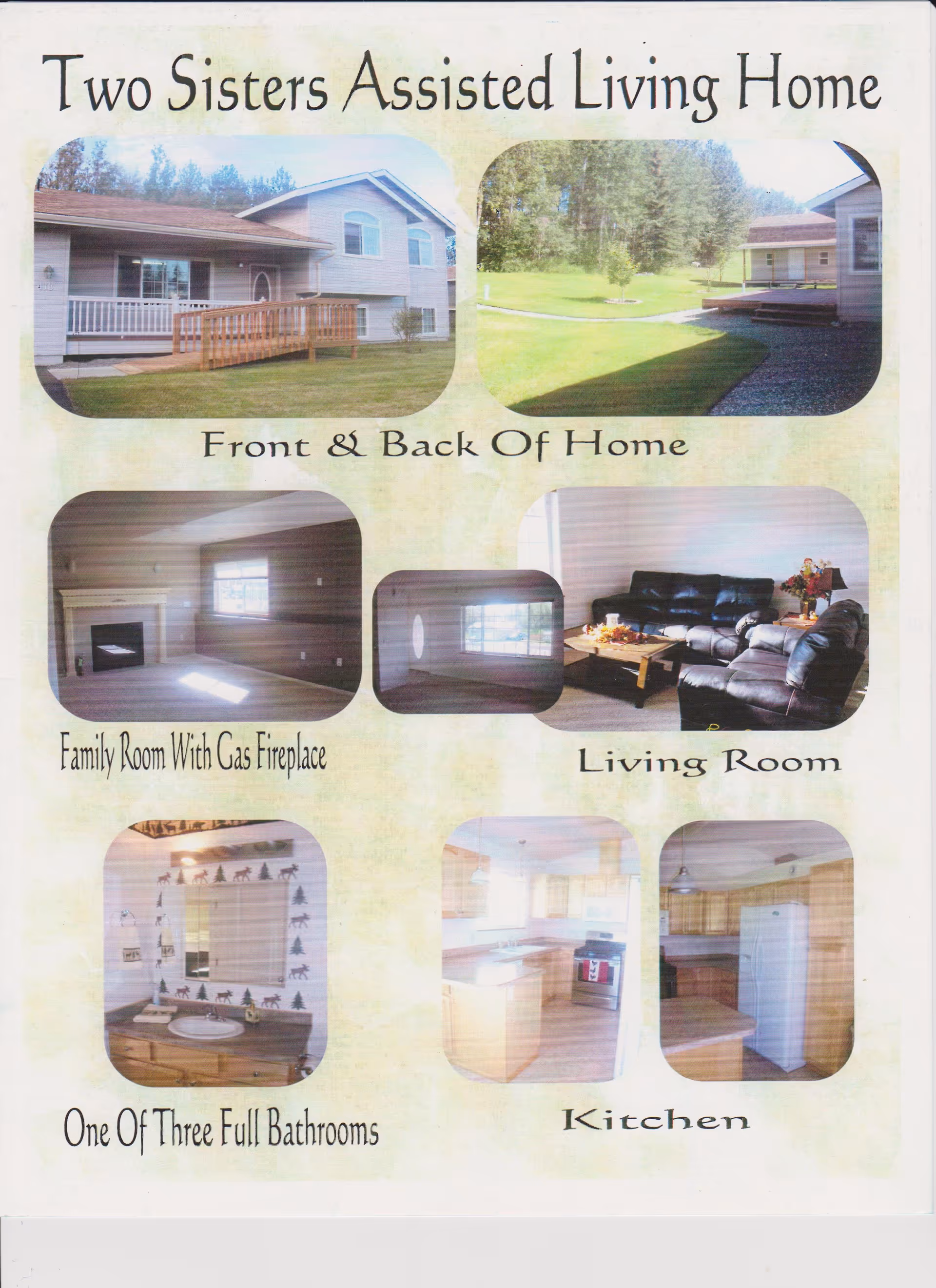 Collage of images showing Two Sisters Assisted Living Home including the front and back exterior of the house, a family room with a gas fireplace, a living room with leather sofas and a coffee table, one of three full bathrooms with a sink and mirror, and a kitchen with wooden cabinets and appliances.