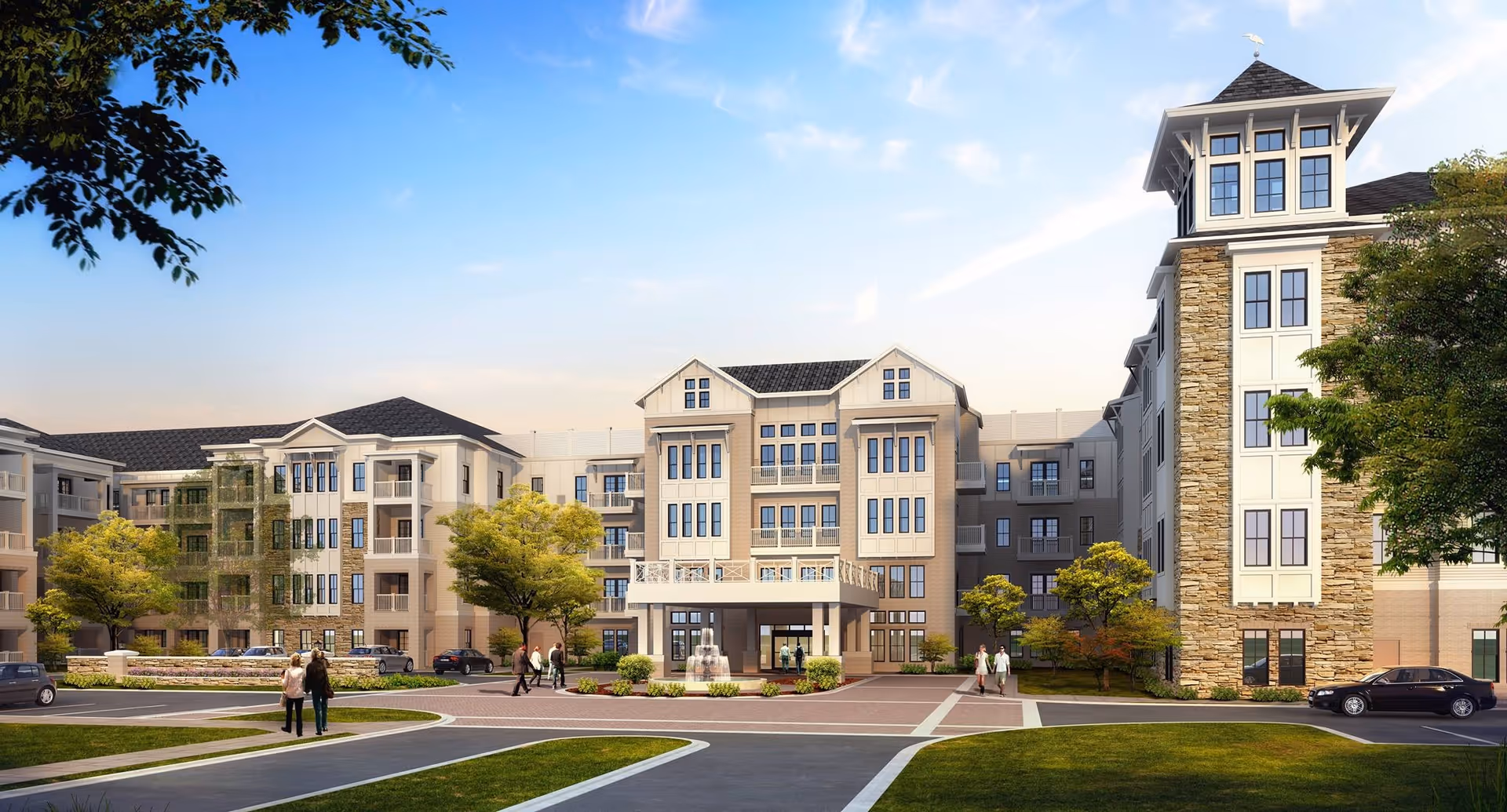 Exterior view of a large, multi-story senior living facility with a central entrance, landscaped grounds, trees, and several people walking near the entrance under a clear blue sky.