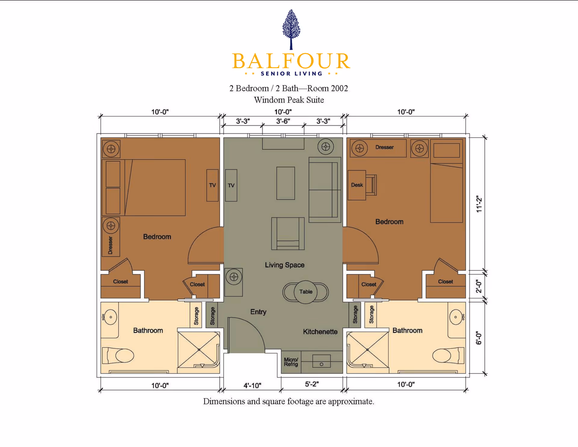 Floor plan of Balfour Louisville Campus 2 Bedroom, 2 Bath Windom Peak Suite, Room 2002, showing two bedrooms each with closets and dressers, two bathrooms, a living space with TV and seating, an entry area, and a kitchenette with microwave and refrigerator. Dimensions and approximate square footage are included.