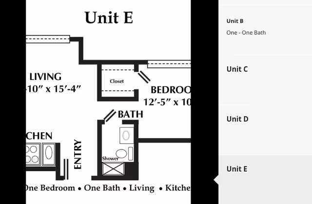 Floor plan of Unit E at Christian Care Center Inc Bentley Personal Care Unit showing a living room measuring 10 feet by 15 feet 4 inches, a bedroom measuring 12 feet 5 inches by 10 feet, a bathroom with a shower, toilet, and sink, a closet, an entry area, and a kitchen with a stove and sink.