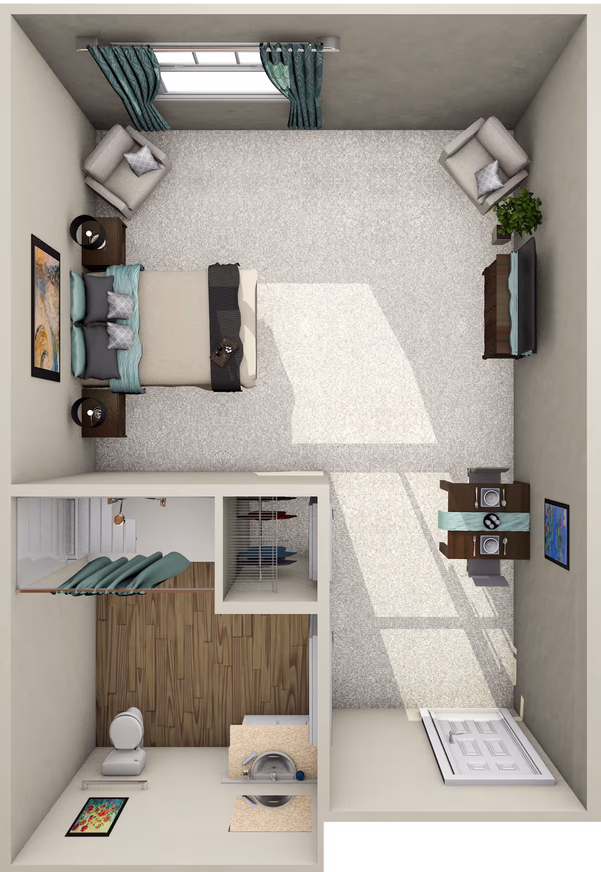 Top-down view of a studio apartment layout featuring a bedroom area with a bed, two armchairs, a TV on a stand, and a small dining table with two chairs. There is a bathroom with a toilet, sink, and shower, and a closet space adjacent to the bathroom. The room has a window with green curtains and light carpet flooring in the main area, with wood flooring in the bathroom.