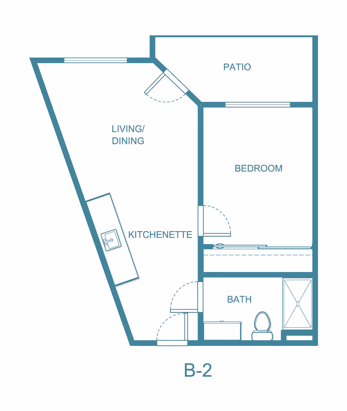 Floor plan labeled B-2 showing a layout with a living/dining area, kitchenette, bedroom, bath, and patio.