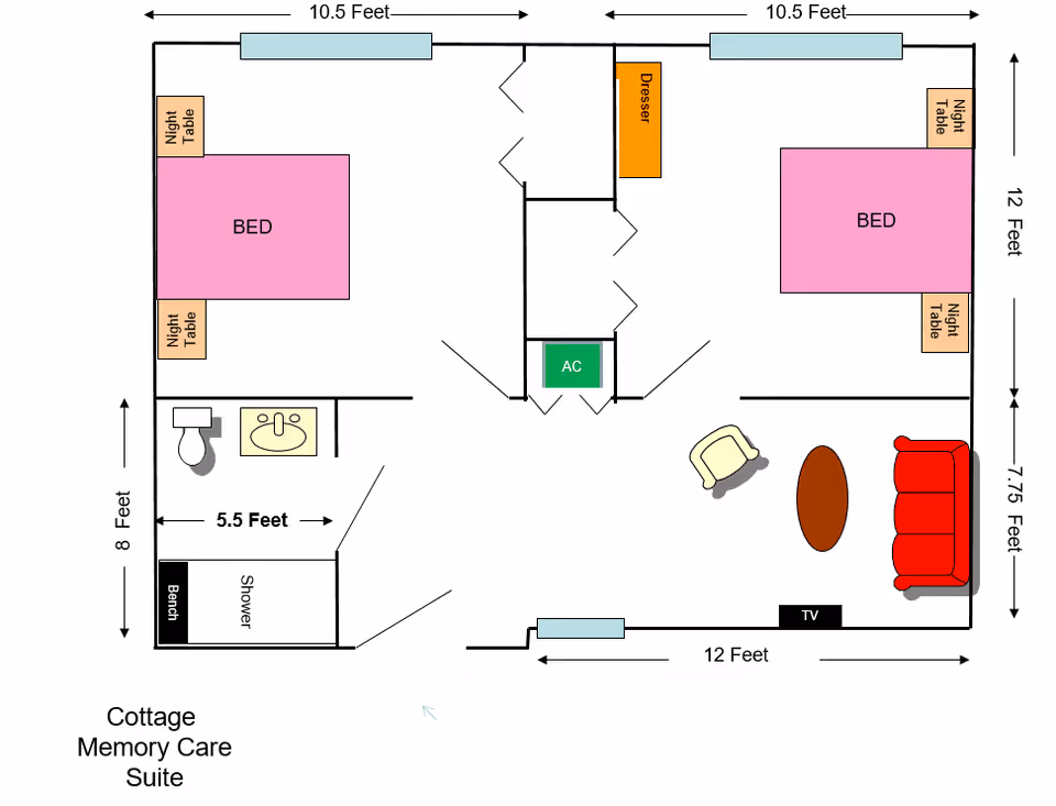 Floor plan of a Cottage Memory Care Suite at Savannah Court of Camilla showing two bedrooms each with a bed and night tables, a shared bathroom with a shower, toilet, and sink, a living area with a red couch, chair, coffee table, and TV, a dresser, and an AC unit. Dimensions of rooms and furniture placement are indicated.